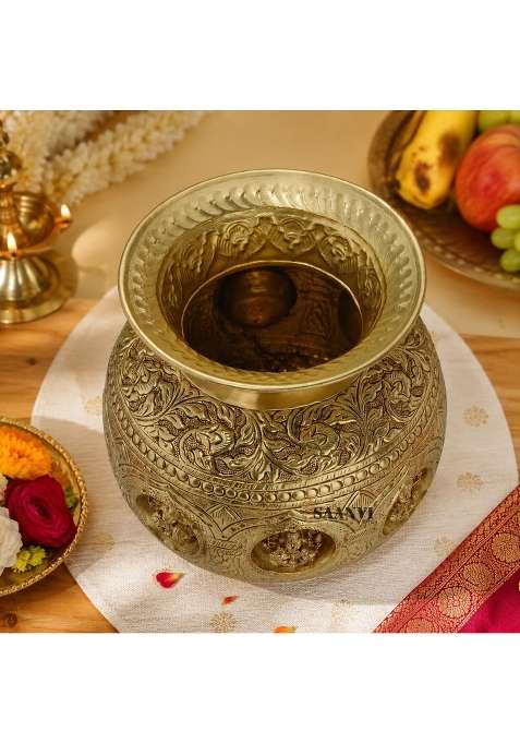 Saanvi Arts Brass Kalash with Goddess Lakshmi Design Traditional Pooja Kalash for Home Temple Diwali