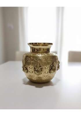 SJL Exports Brass Handcrafted Kalash with Deity Motifs Traditional Antique Gold Finish 14 CM Height