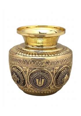 Exotic India Superfine Brass Kalash with Chakra Tilak and Conch Vaishnava Symbols for Pooja Room Mandir