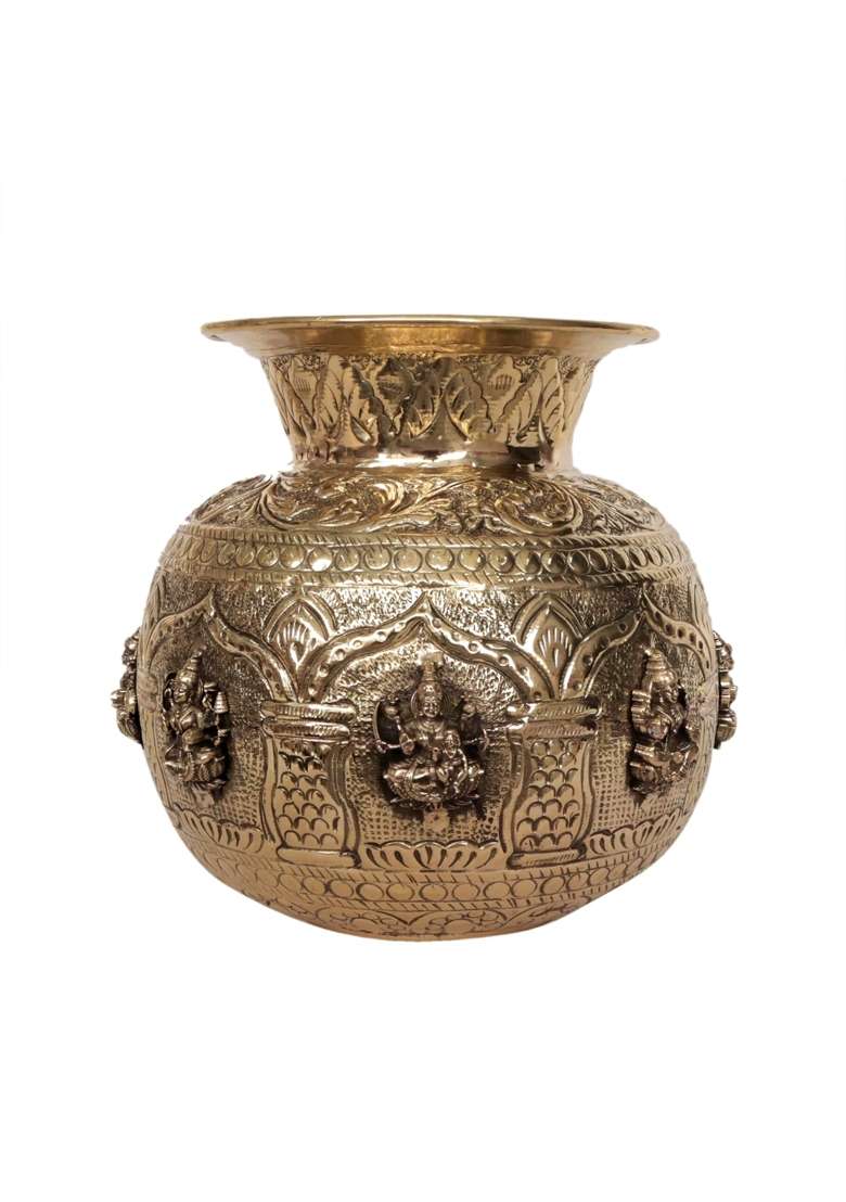 Kalarambh Large Handcrafted Brass Ashtalakshmi Pot Pure Brass Kalash with Ashta Lakshmi Engraving for Pooja - Indya