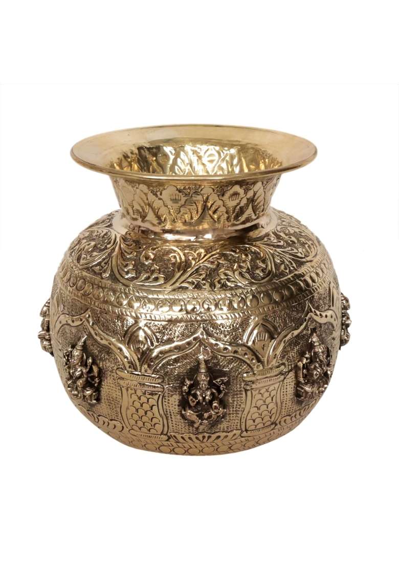 Kalarambh Large Handcrafted Brass Ashtalakshmi Pot Pure Brass Kalash with Ashta Lakshmi Engraving for Pooja - Indya