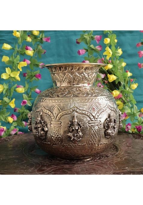 Kalarambh Large Handcrafted Brass Ashtalakshmi Pot Pure Brass Kalash with Ashta Lakshmi Engraving for Pooja