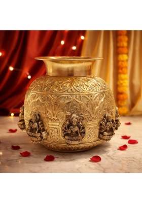Shreeyaash Gold Brass Ashta Lakshmi Kalash for Pooja Traditional Ashtalakshmi Lota with Embossed Goddess