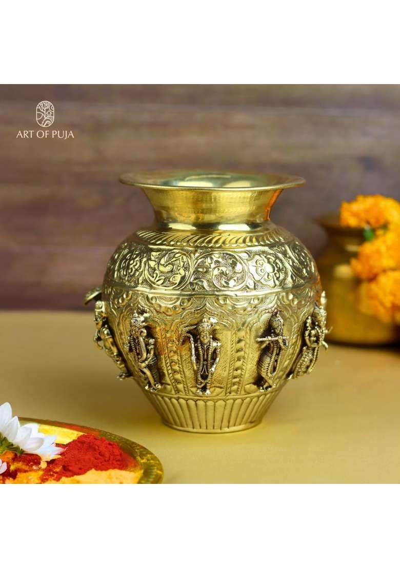 ART of PUJA Golden Antique Finish Vishnu Dashavatar Kalash 5 Point 6 Inch - Indya