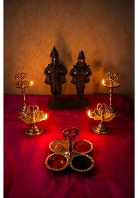 Golden Kalash Ventures Morpankh Peacock Brass Samai 2 Peacock Brass Diyas and 1 Brass Kumkum Holder