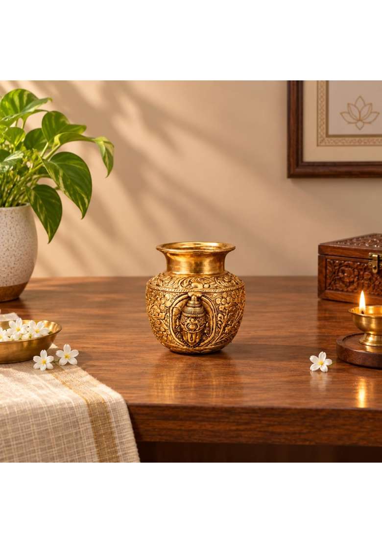 Ashopi Decor Yellow Brass Tirupati Balaji Mukha Kalash for Pooja Traditional Lord Venkateswara Face Kalash - Indya