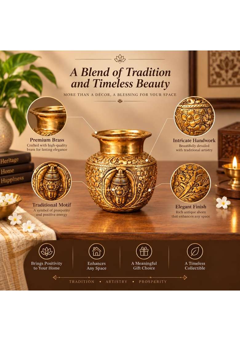 Ashopi Decor Yellow Brass Tirupati Balaji Mukha Kalash for Pooja Traditional Lord Venkateswara Face Kalash - Indya