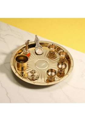 Bhimonee Decor 12 Inch Brass Puja Thali Set 8 Pcs Gold Polish Pooja Plate with Kalash Diya Bell