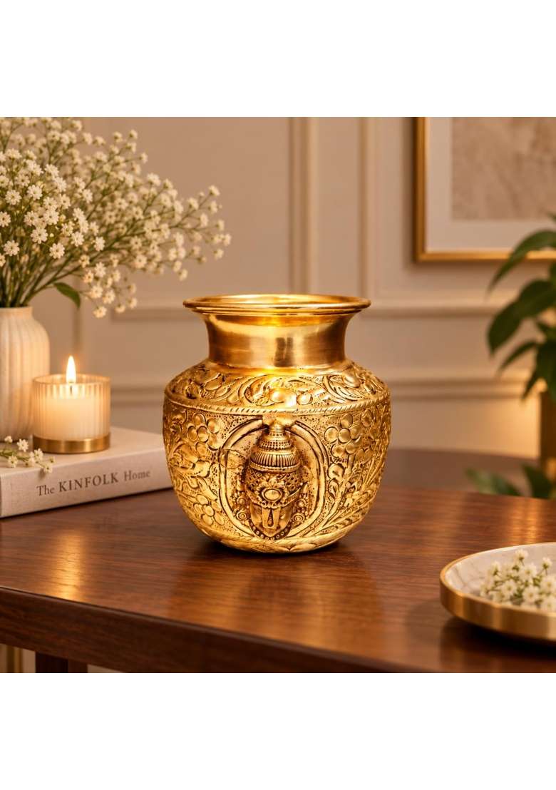 Ashopi Decor Yellow Brass Tirupati Balaji Face Pooja Kalash for Home Temple - Indya