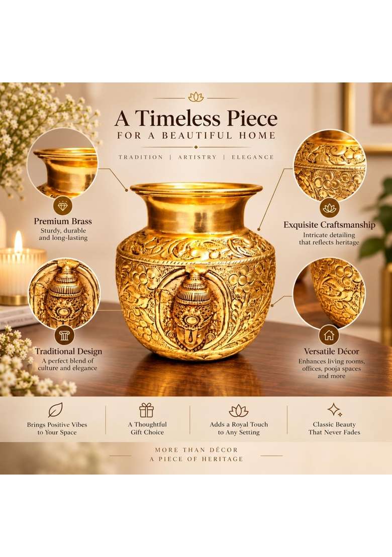 Ashopi Decor Yellow Brass Tirupati Balaji Face Pooja Kalash for Home Temple - Indya