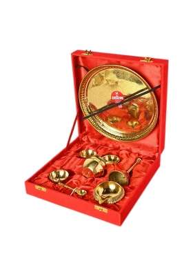 Karigar Creations Golden Brass Pooja Thali Pieces Traditional Pital Pooja Items for Rituals Set of 8