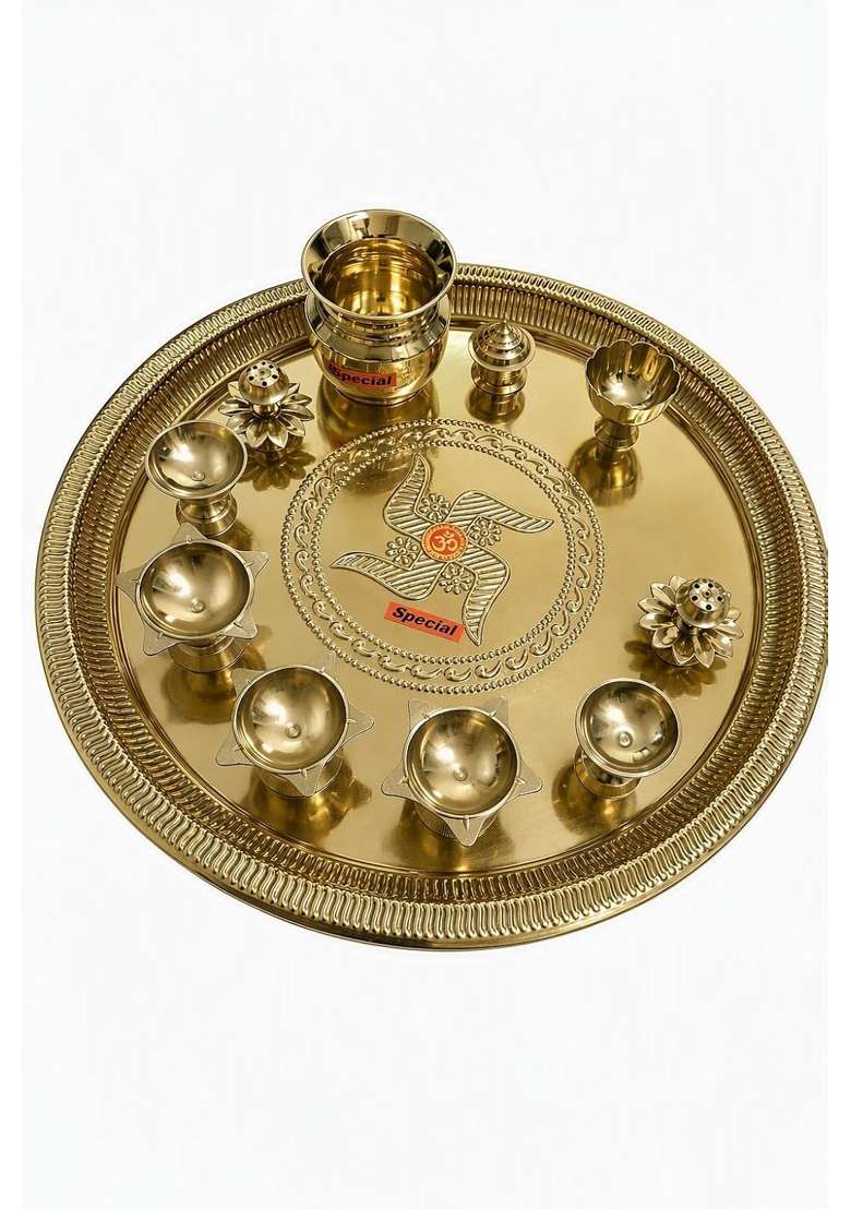 Yellow Brass Pooja Thali Set with Diyas Kalash and Incense Holders - Indya