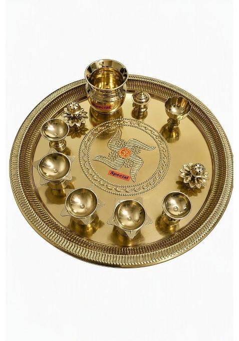 Yellow Brass Pooja Thali Set with Diyas Kalash and Incense Holders