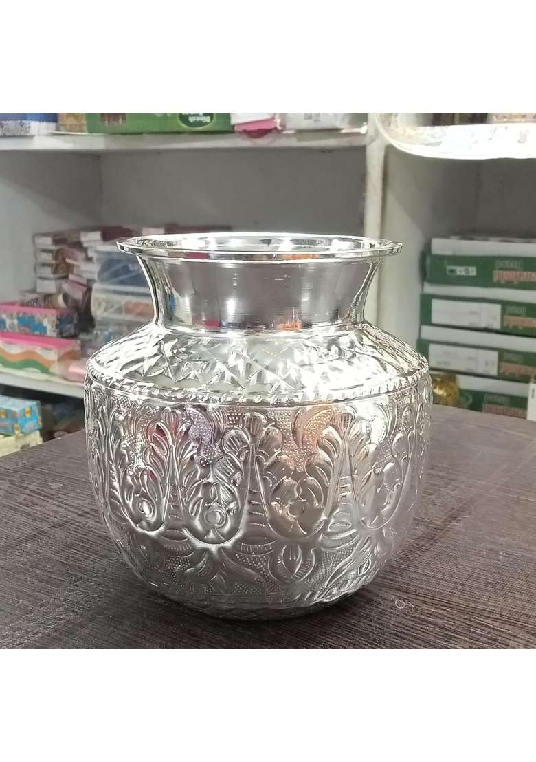 Pure German Silver Coated Design Bindi Kagu for Pooja Kalash Chambu Lota Brass Chandi Large Set of 1 - Indya