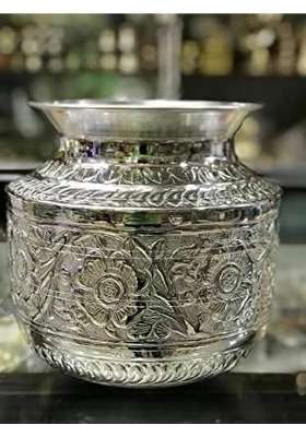 Pure German Silver Coated Design Bindi Kagu for Pooja 4 Ltrs Pooja Kalash Chambu Lota Brass Silver Coated Kagu