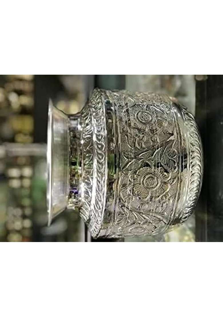 Pure German Silver Coated Design Bindi Kagu for Pooja 4 Ltrs Pooja Kalash Chambu Lota Brass Silver Coated Kagu - Indya