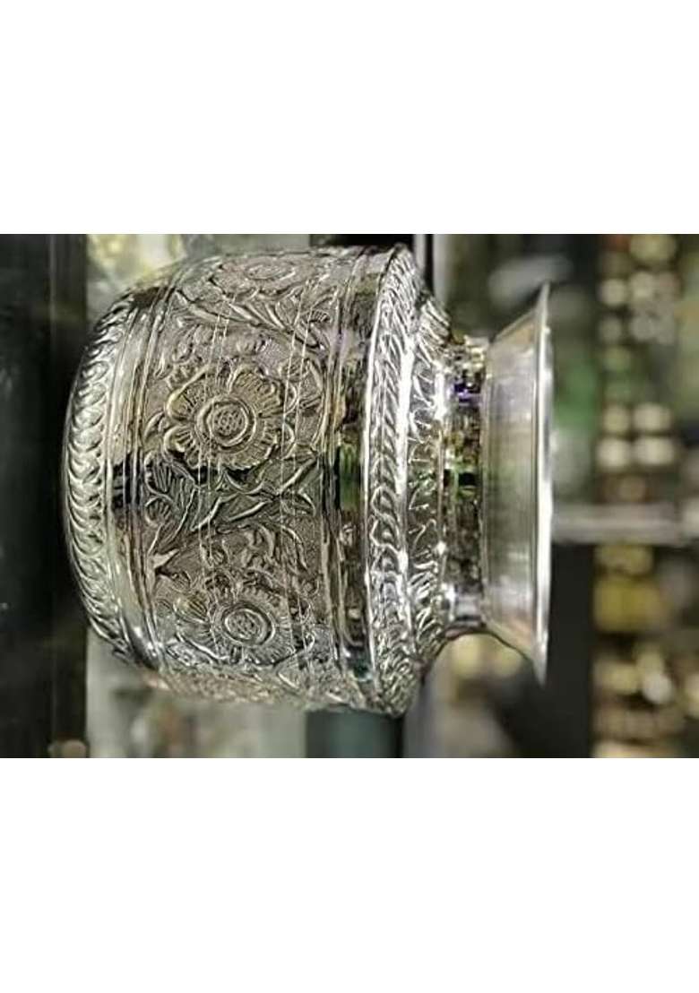 Pure German Silver Coated Design Bindi Kagu for Pooja 4 Ltrs Pooja Kalash Chambu Lota Brass Silver Coated Kagu - Indya