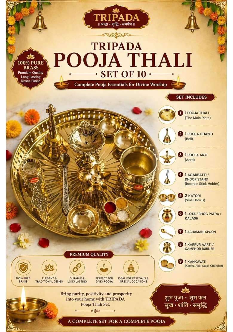 Tripada Yellow Brass Pooja Thali 1Thali 1Pooja Ghanti 1 Pooja Arti 1 Agarbatti Dhoop Stand 2Katori Set of 10 - Indya