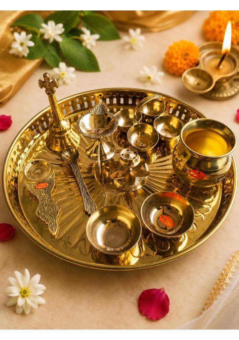 Tripada Yellow Brass Pooja Thali 1Thali 1Pooja Ghanti 1 Pooja Arti 1 Agarbatti Dhoop Stand 2Katori Set of 10 - Indya