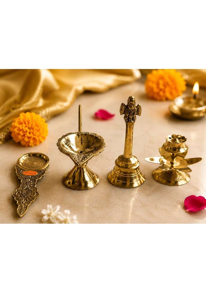 Tripada Yellow Brass Pooja Thali 1Thali 1Pooja Ghanti 1 Pooja Arti 1 Agarbatti Dhoop Stand 2Katori Set of 10 - Indya