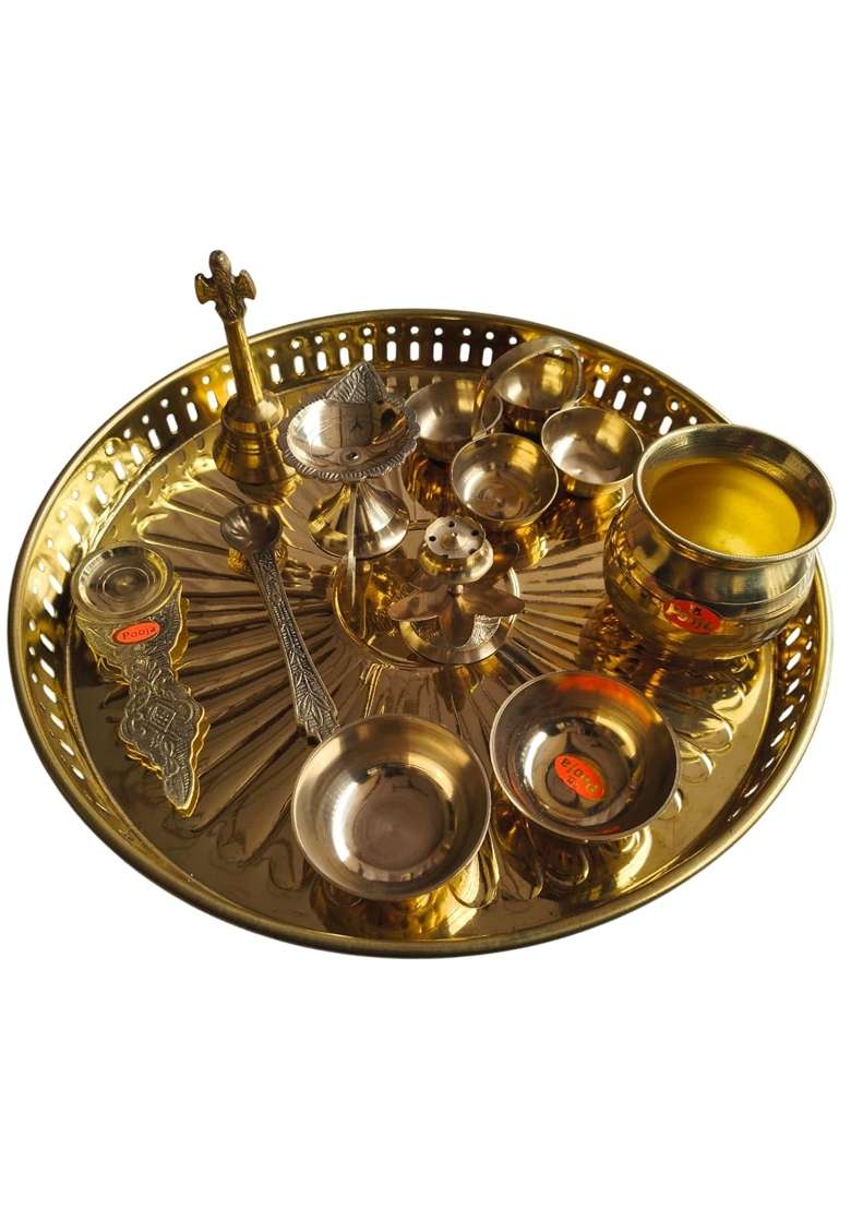 Tripada Yellow Brass Pooja Thali 1Thali 1Pooja Ghanti 1 Pooja Arti 1 Agarbatti Dhoop Stand 2Katori Set of 10 - Indya