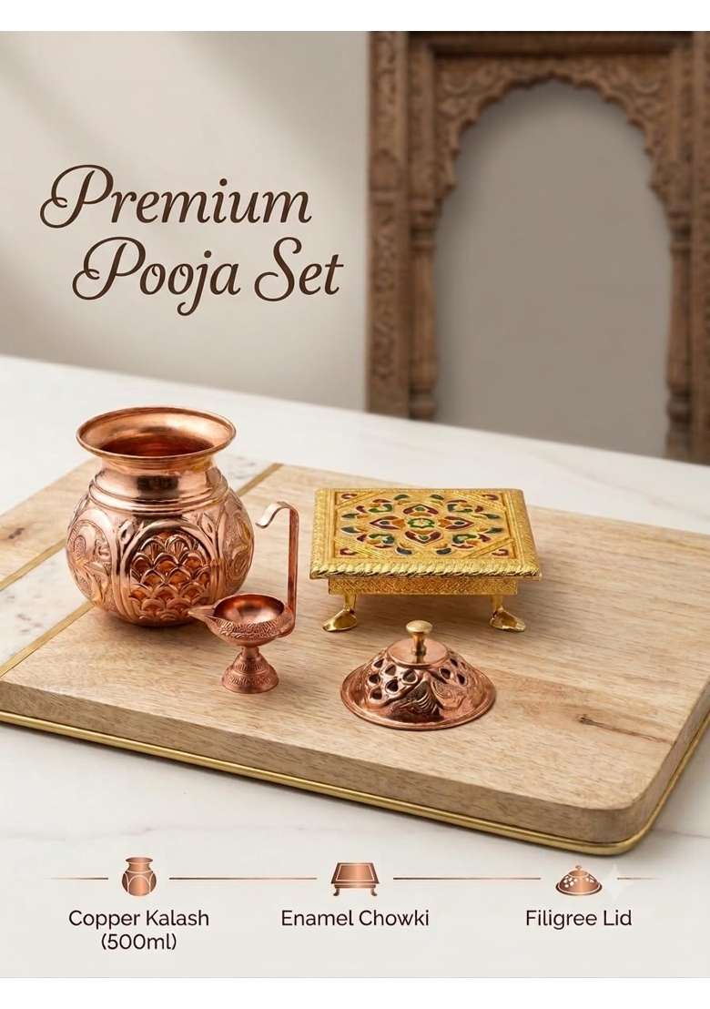 OHAM Indian Traditional Brass and Copper Pooja Set Combo 500ML Copper Kalash Vessel - Indya