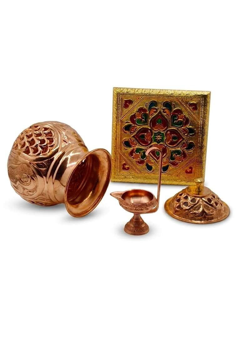 OHAM Indian Traditional Brass and Copper Pooja Set Combo 500ML Copper Kalash Vessel - Indya