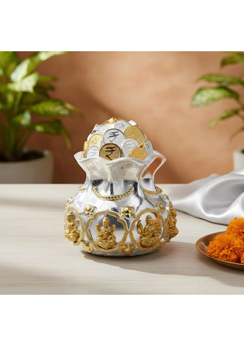 Sai Divya Silver and Gold Coin Kalash with Traditional Hindu Deities Design 6 and Half Inches - Indya