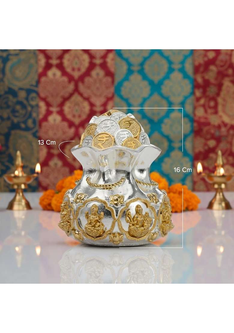 Sai Divya Silver and Gold Coin Kalash with Traditional Hindu Deities Design 6 and Half Inches - Indya