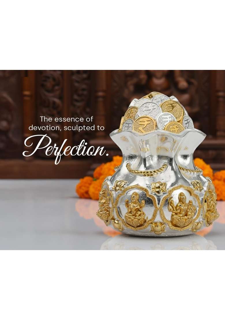 Sai Divya Silver and Gold Coin Kalash with Traditional Hindu Deities Design 6 and Half Inches - Indya