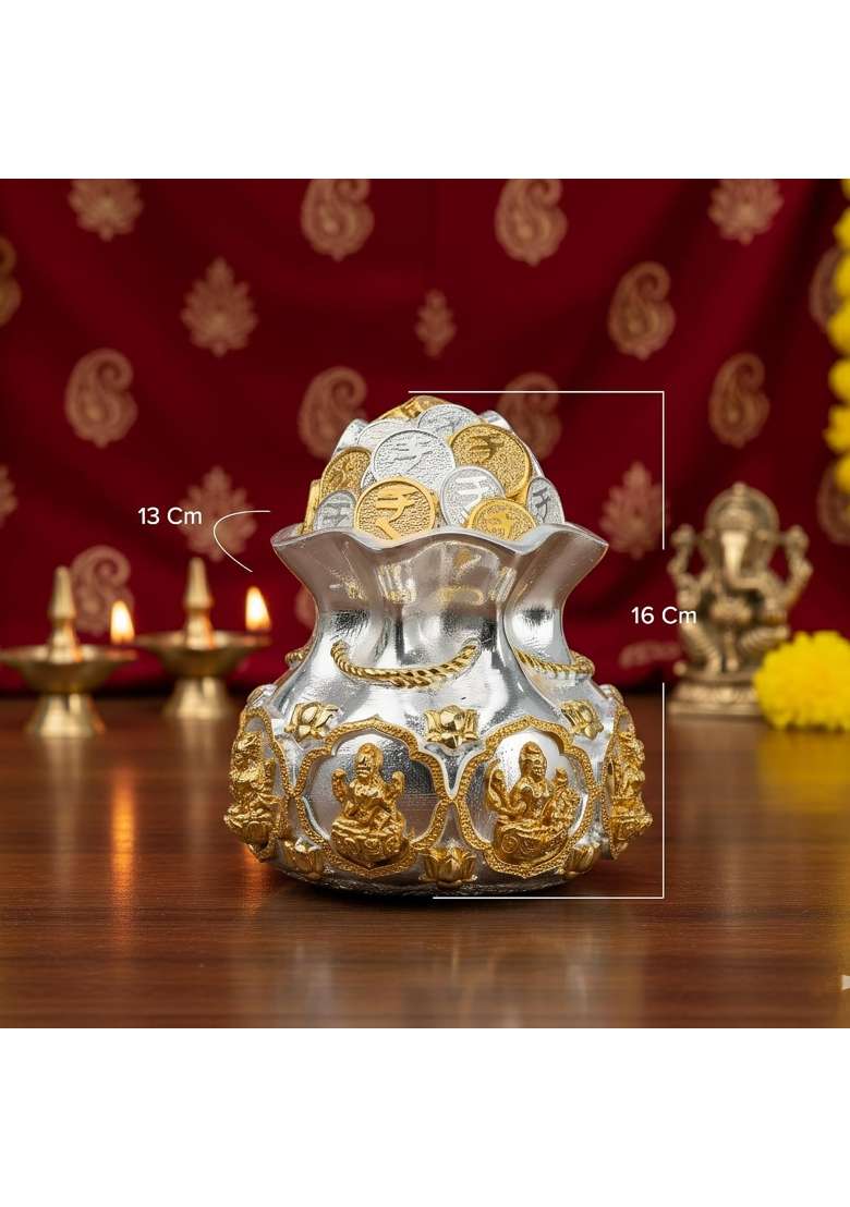 Sai Divya Silver and Gold Coin Kalash with Traditional Hindu Deities Design 6 and Half Inches - Indya