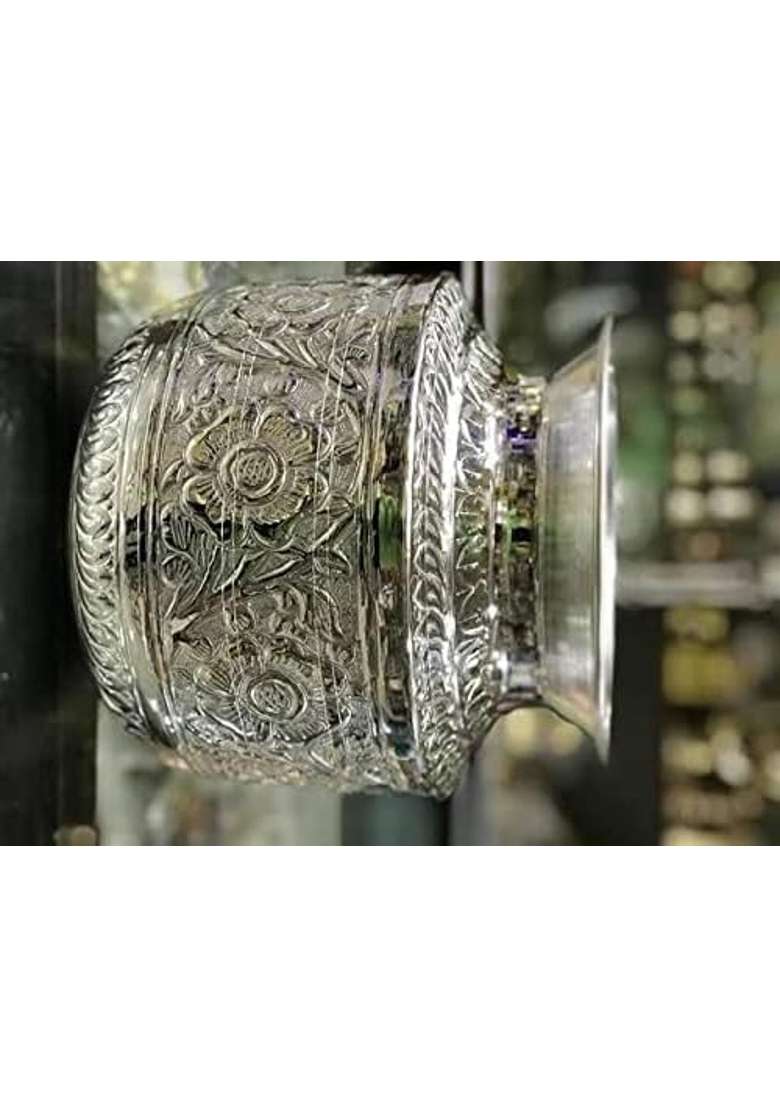 Pure German Silver Coated Design Bindi Kagu for Pooja 4 Ltrs Pooja Kalash Chambu Lota Brass Silver Coated Kagu - Indya