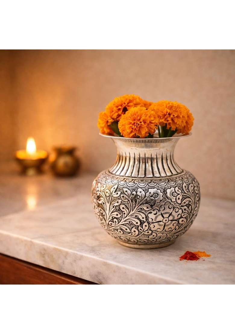 Natriel Handcrafted German Silver Kalash Fine Work Pooja Essential Item Traditional Floral Design - Indya