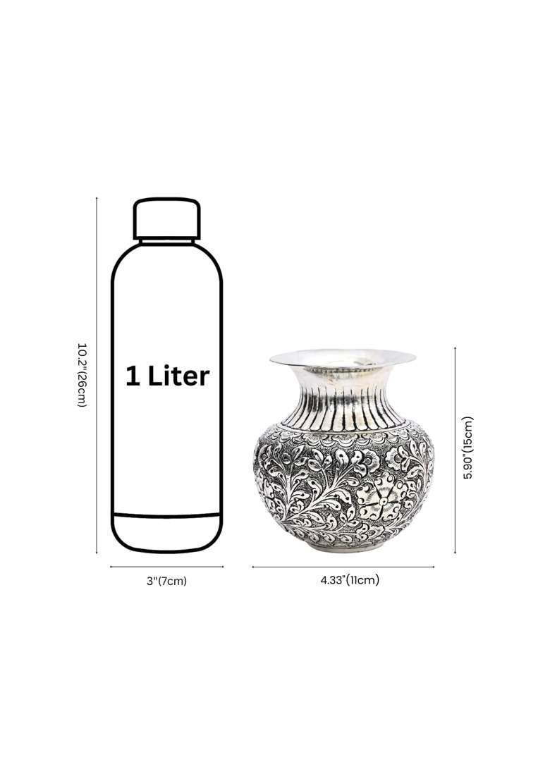 Natriel Handcrafted German Silver Kalash Fine Work Pooja Essential Item Traditional Floral Design - Indya