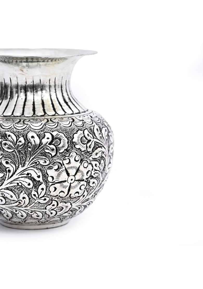 Natriel Handcrafted German Silver Kalash Fine Work Pooja Essential Item Traditional Floral Design - Indya
