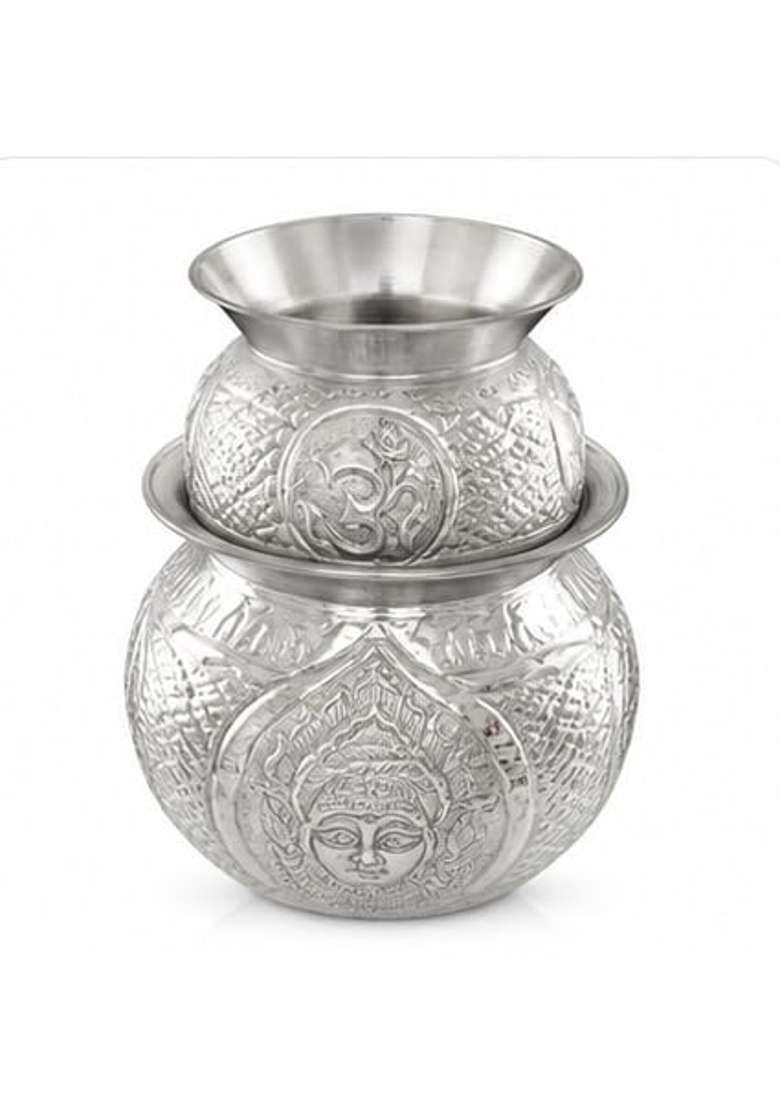 Shiv Home World German Silver Embossed Pooja Kalash 3 Liters 19x19x19 CM and Lota 1 Liter 13x13x13 CM - Indya