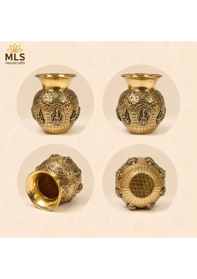 Gold Handcrafted 100 Percent Pure Brass Ashtalakshmi Kalash Premium Indian Craftsmanship - Indya