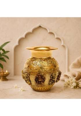 Shreeyaash Gold Brass Pooja Kalash with Embossed Hindu Deity Design Decorative Puja Lota for Home Temple