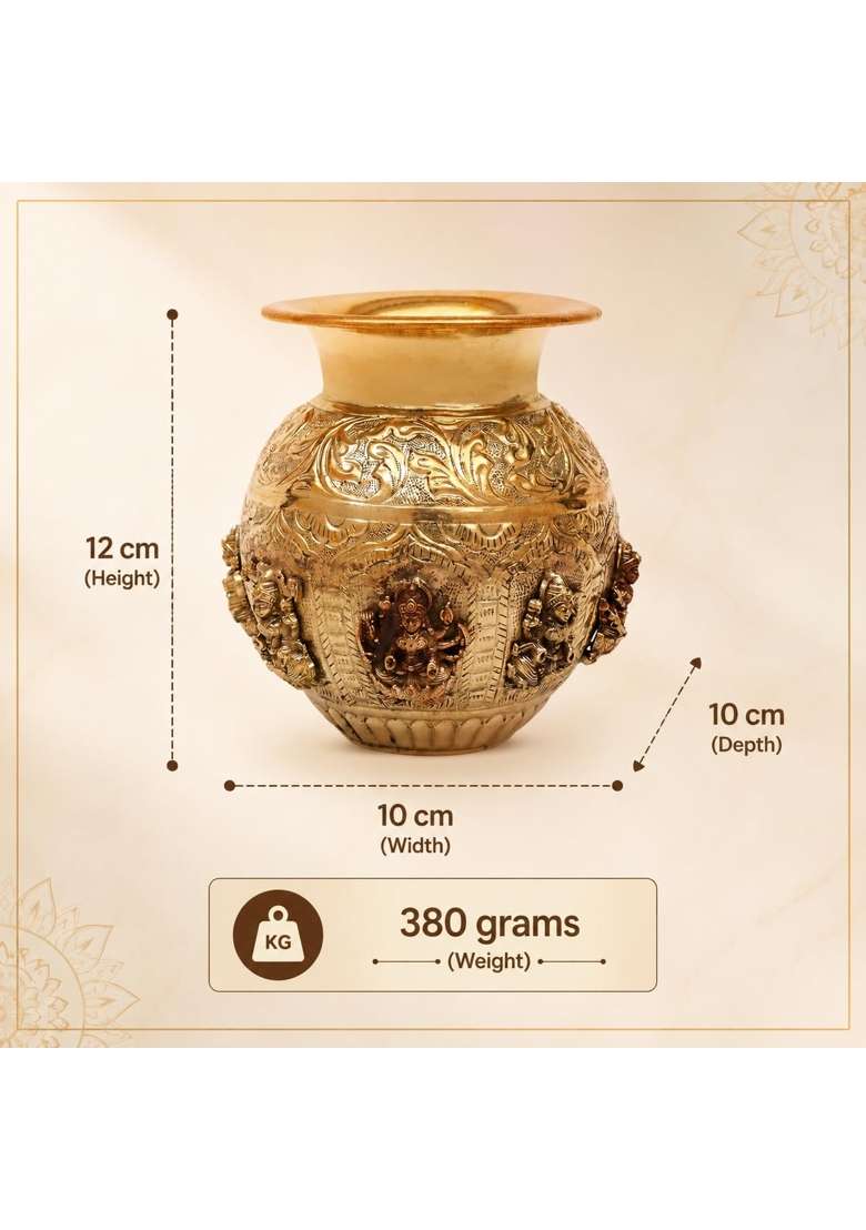 Shreeyaash Gold Brass Pooja Kalash with Embossed Hindu Deity Design Decorative Puja Lota for Home Temple - Indya