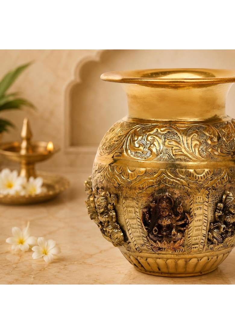 Shreeyaash Gold Brass Pooja Kalash with Embossed Hindu Deity Design Decorative Puja Lota for Home Temple - Indya