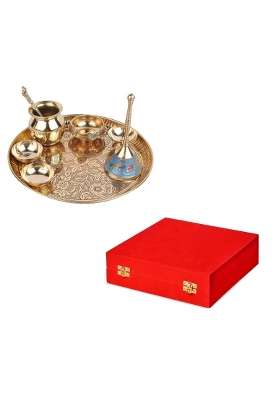 Crafty Essentials Golden Brass Pooja Thali Traditional Pital Pooja Items with Diya Bell Dhoop Holder Set of 8