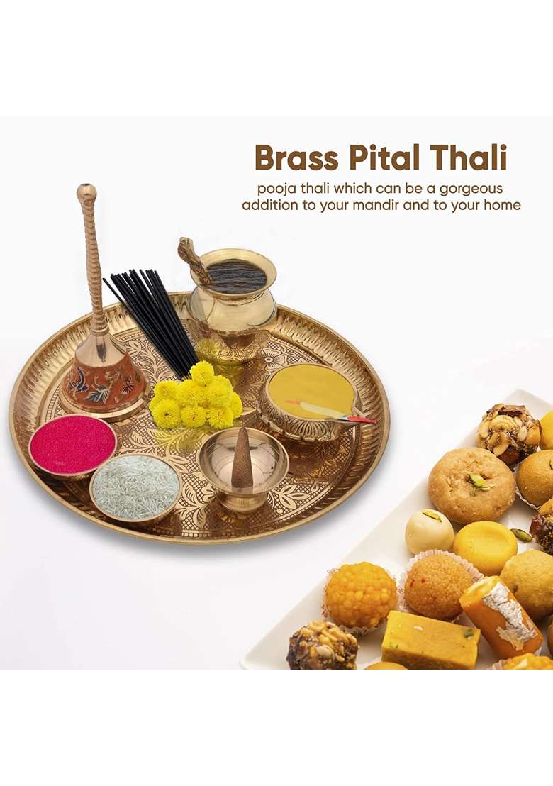 Crafty Essentials Golden Brass Pooja Thali Traditional Pital Pooja Items with Diya Bell Dhoop Holder Set of 8 - Indya