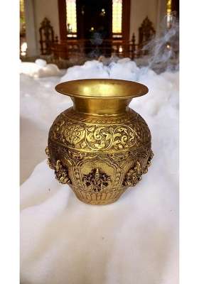 Atrangee Bystrrt Artisans Brass Kalash with Ashtalakshmi Engravings Traditional Decorative Puja Lota Gold