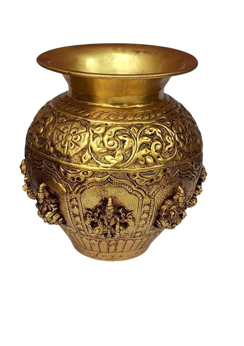 Atrangee Bystrrt Artisans Brass Kalash with Ashtalakshmi Engravings Traditional Decorative Puja Lota Gold - Indya