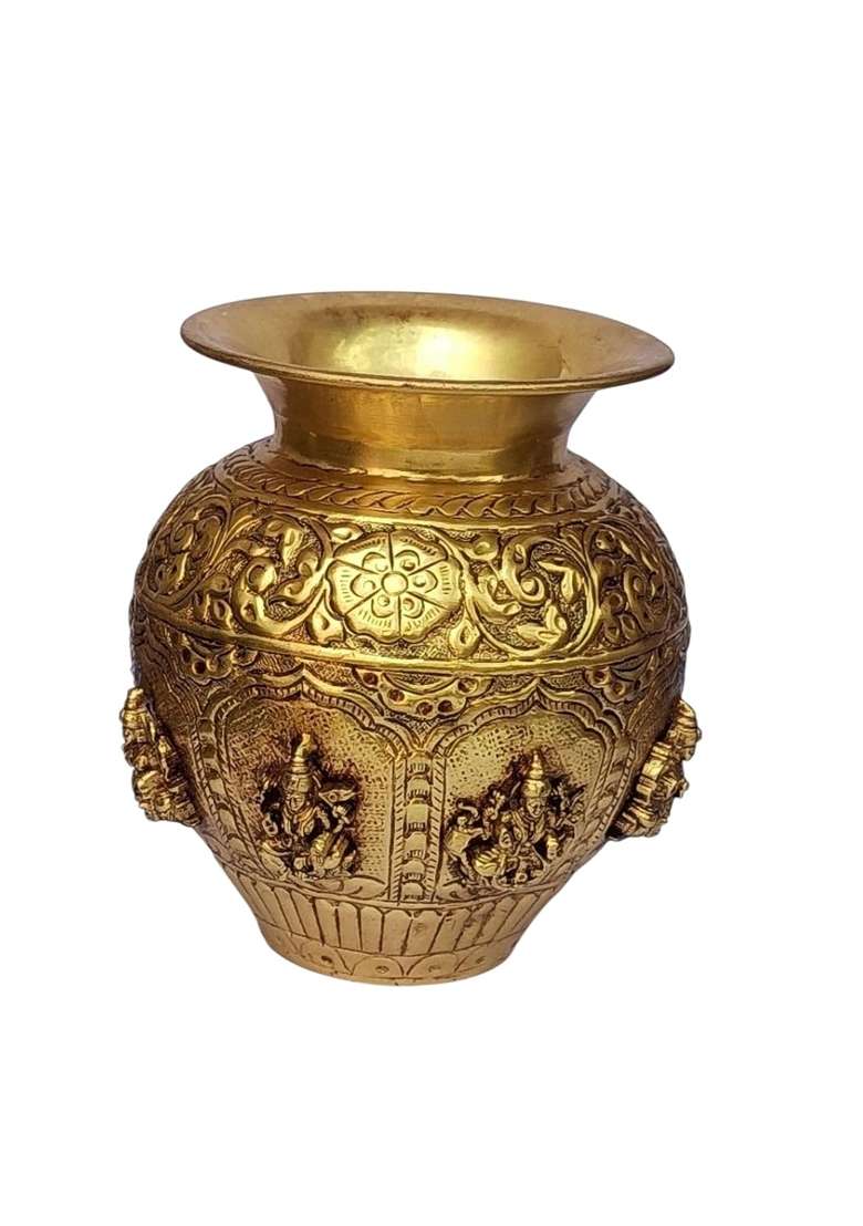 Atrangee Bystrrt Artisans Brass Kalash with Ashtalakshmi Engravings Traditional Decorative Puja Lota Gold - Indya