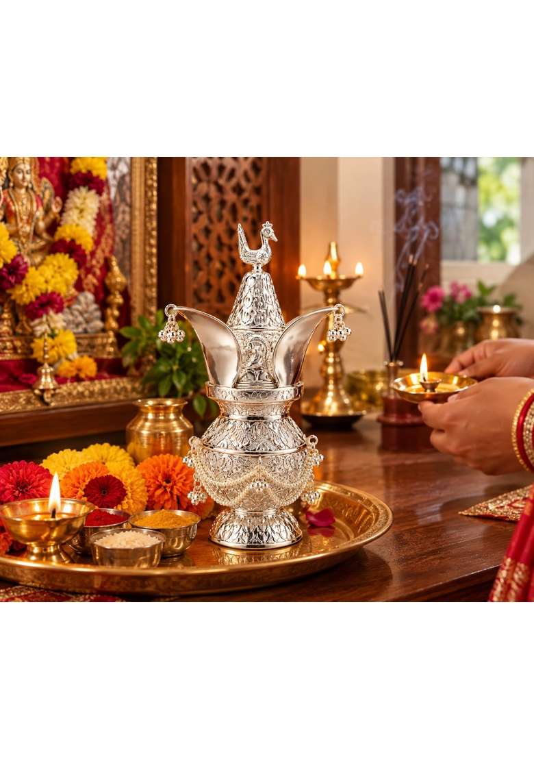 Traditional Silver Look Puja Kalash with Peacock Design - Indya