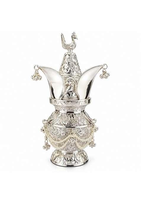 Traditional Silver Look Puja Kalash with Peacock Design