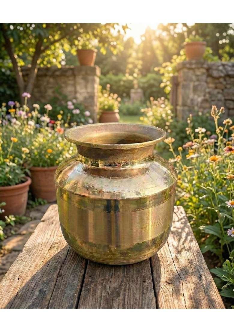 Shiv Home World Pure Brass Puja Kalash Pot Traditional Engraved Peetal Matka for Water Storage and Home Decor - Indya