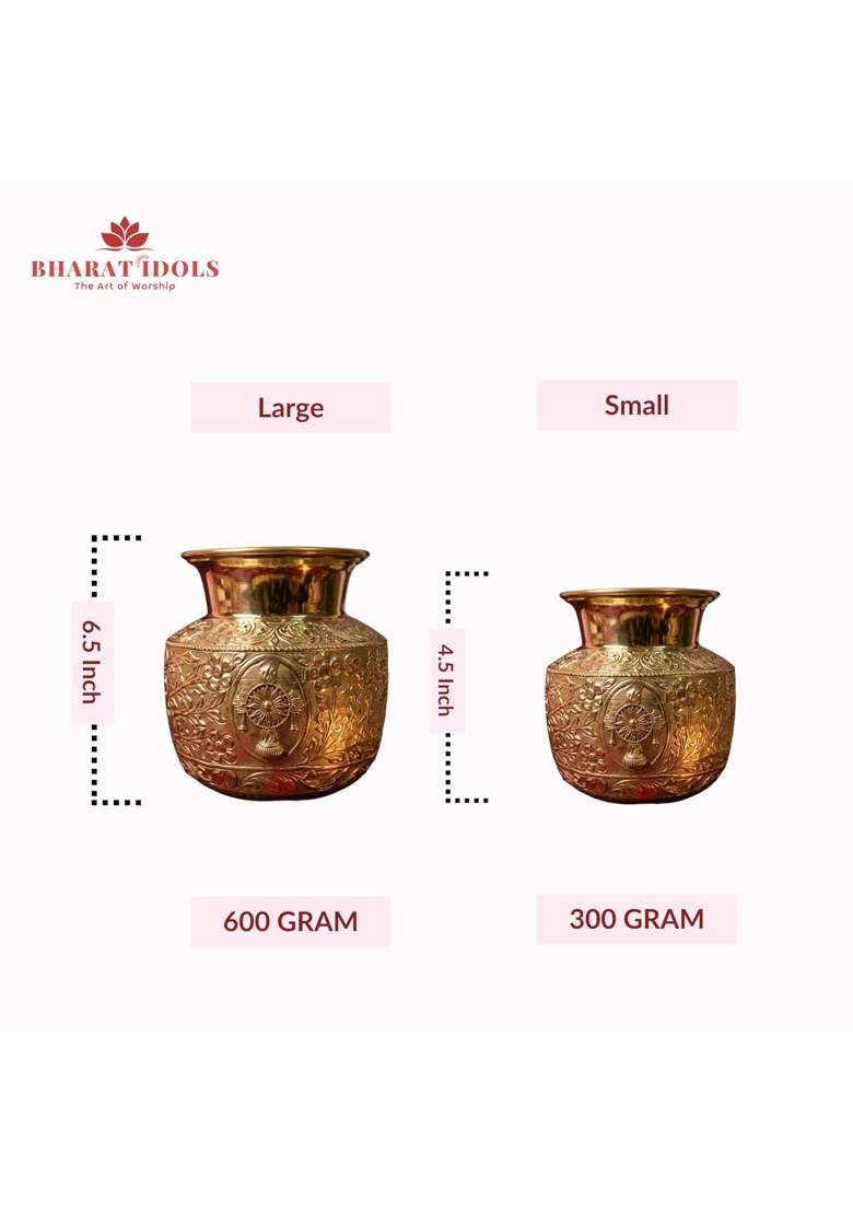Bharat Idols 100 Percent Pure Brass Shankh Chakra Kalash Kodom Namah Engraved Pooja Kalash for Home Mandir - Indya