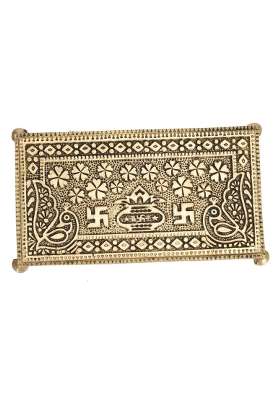 Artvarko Gold Brass Traditional Swastik Kalash Embossed Rectangle Chowki Table for God Idols Diya Temple Decor